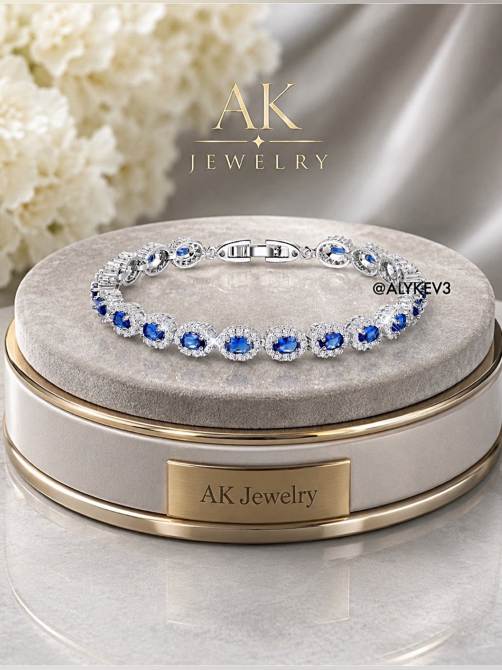 💎LUXURY BRACELET White Gold Zircon Inlaid Royal Blue Stone, Tennis High End